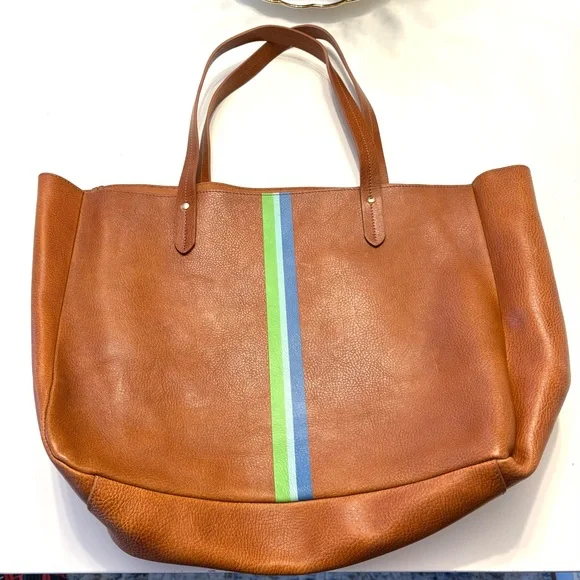 Brown Leather Tote Bag with Colorful Stripe - Picture 4 of 8